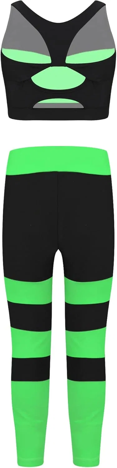 Детский спортивный костюм из топа и леггинсов Mufeng, Stripes Fluorescent_green — фото 2
