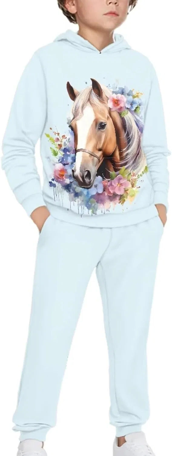 Детский спортивный костюм с принтом Horse Floral, YECARYPOD, 2 предмета, синий — фото 3