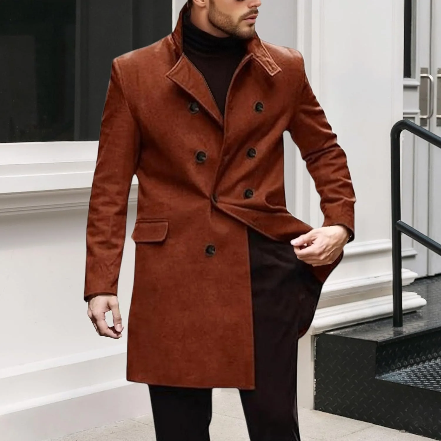 Мужское зимнее теплое пальто pea coat с вырезом лацканом длинное повседневное пальто из шерстяной смеси Generic, коричневый — фото 2