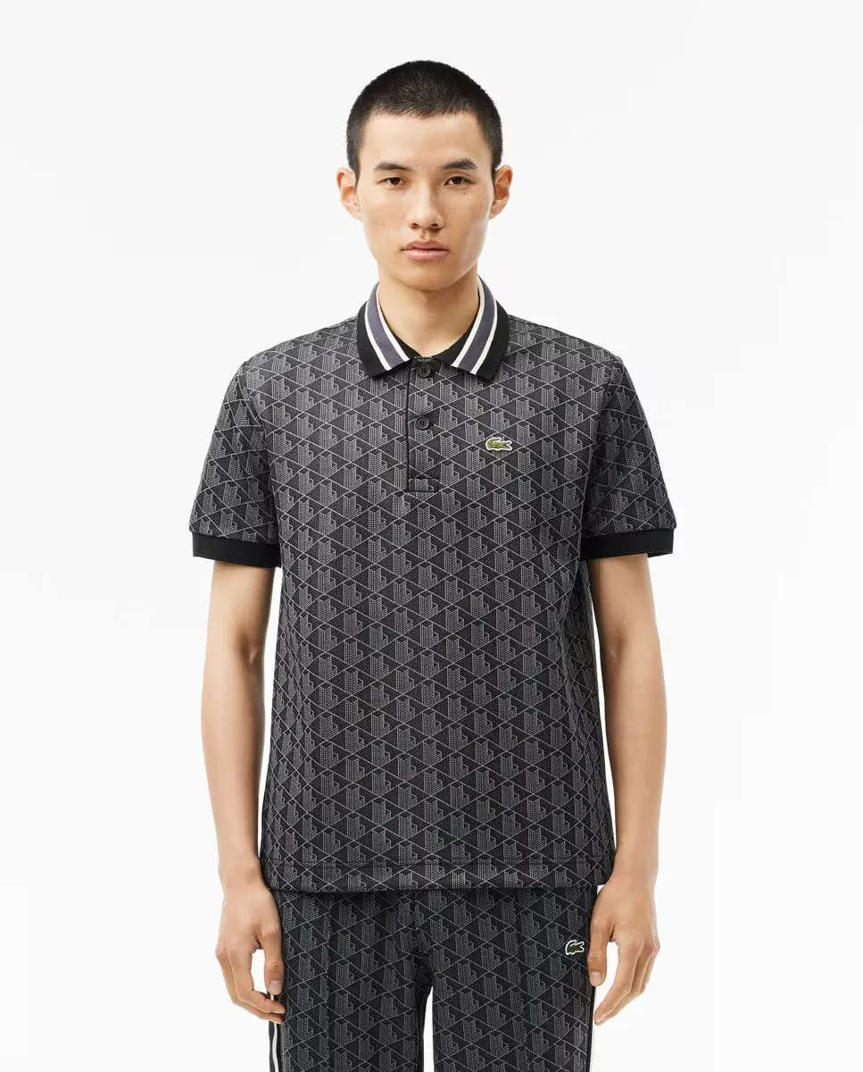 

Классический мужской поло с контрастным воротником и коротким рукавом с монограммой Lacoste, черный