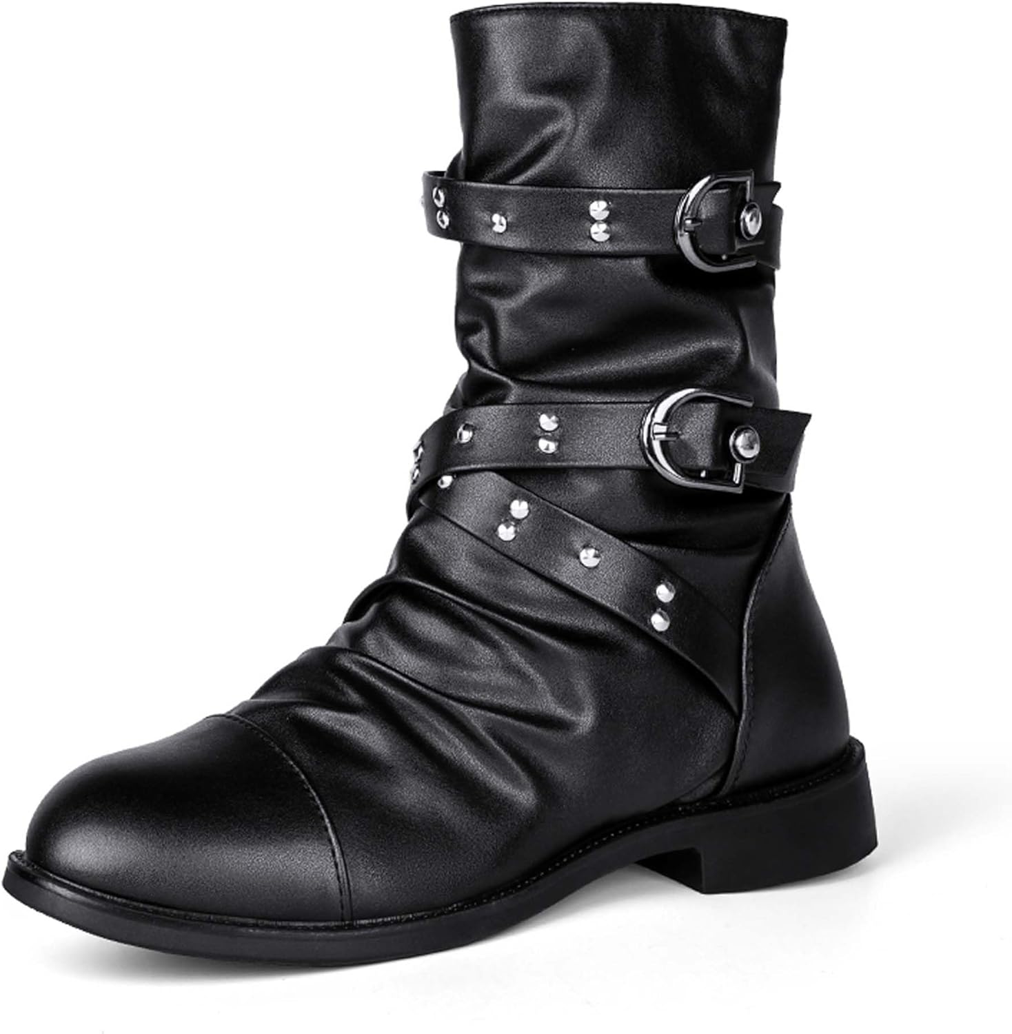 

Мужские мотоботы зимние с утеплителем из флиса, военного стиля, байкерские боевые ботинки, городской модный стиль, пряжка, молния сбоку, черная кожа, водонепроницаемые Generic