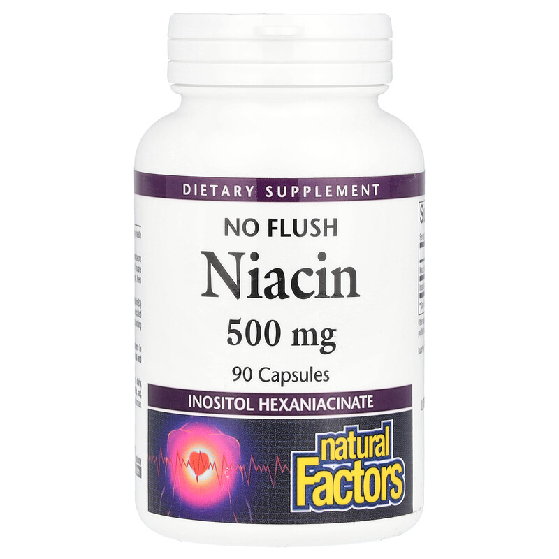 

Natural Factors, ниацин без приливов, 500 мг, 90 капсул