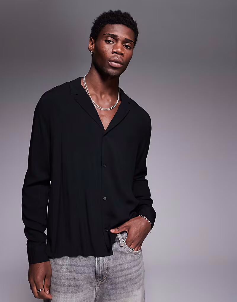 

Рубашка Fit из вискозы с глубоким воротником-стойкой черного цвета Asos Design