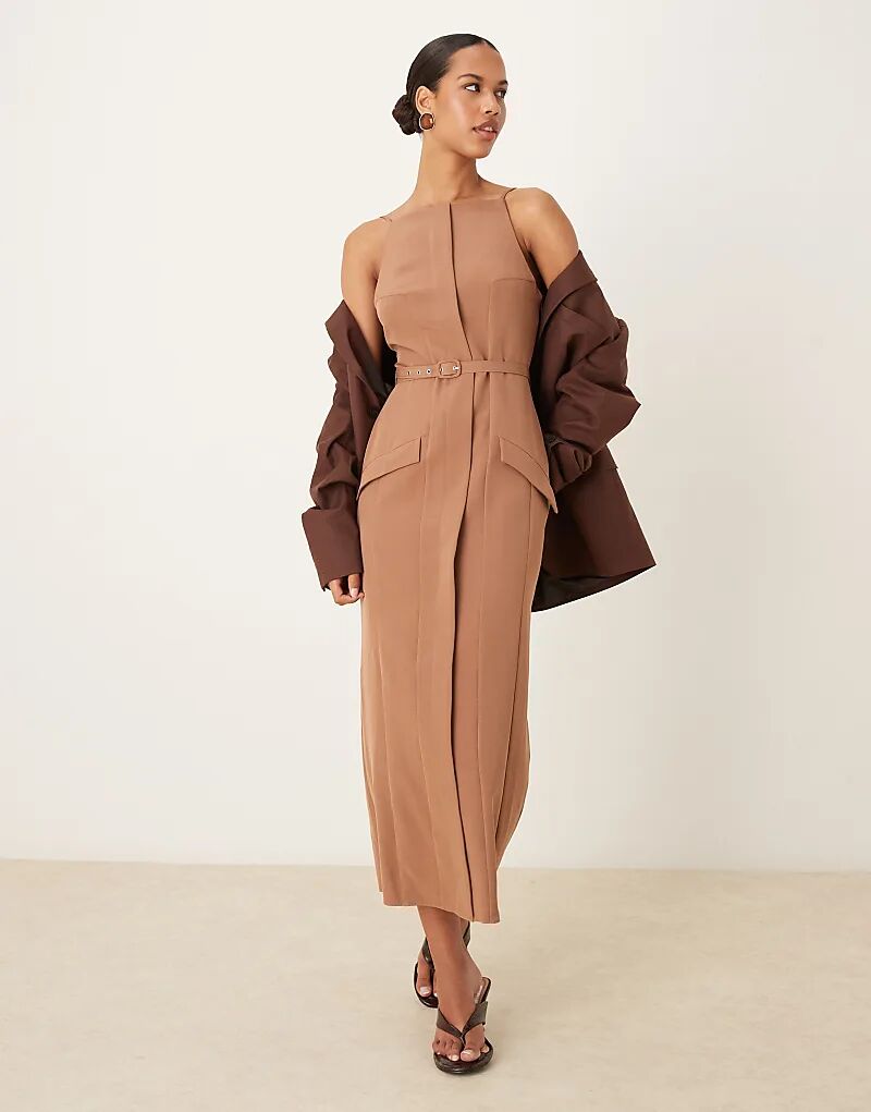 

Платье миди ASOS DESIGN с косым вырезом, поясом и карманами, серо-коричневого цвета