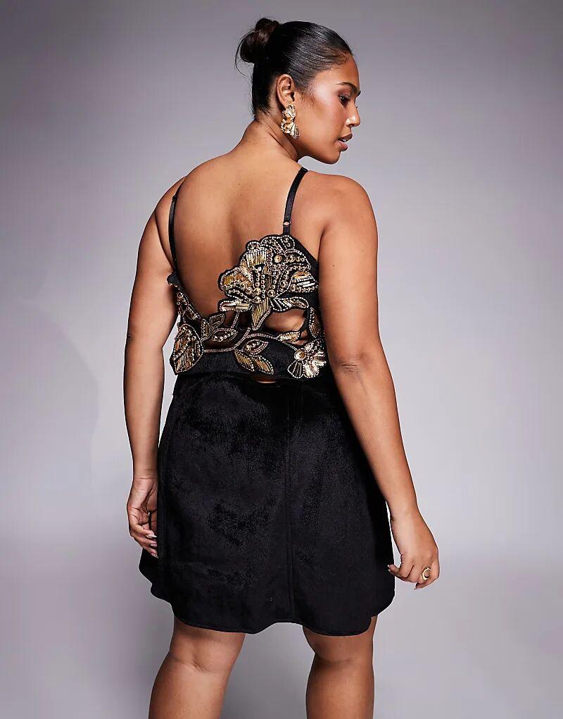 

Бархатное мини-платье Curve ASOS DESIGN с ажурной отделкой, черное