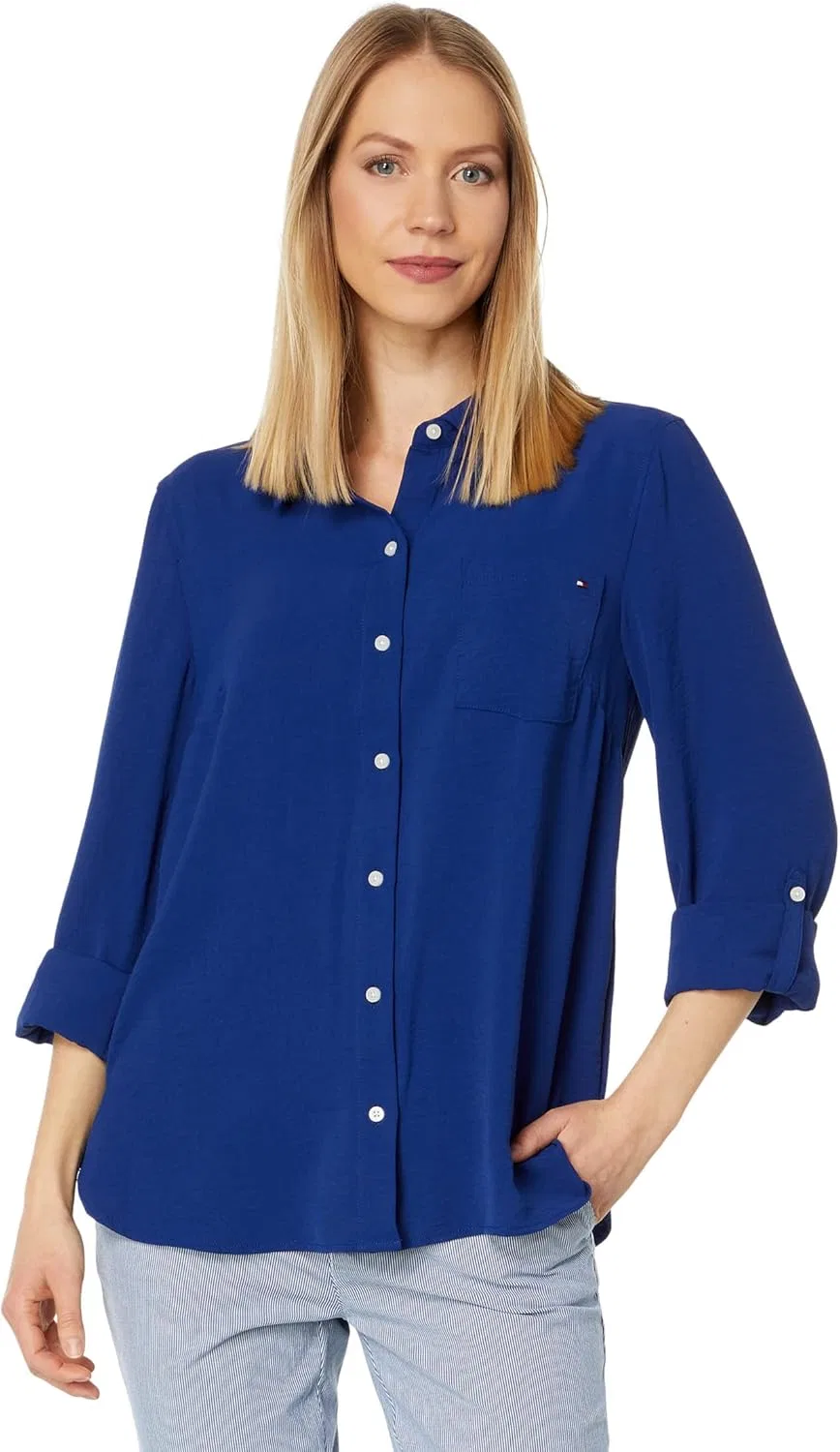Блуза, женская, Roll Tab Button Down, Tommy Hilfiger, темно-синий