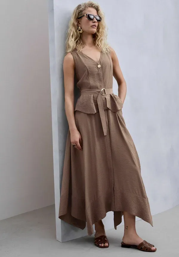 Платье Regular fit v neck 2 in 1 hanky hem midi dress, maxi dress Next, шоколадно-коричневый — фото 2
