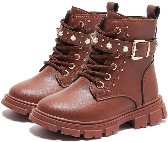 

Девочкам модные ботильоны с боковой молнией, удобные, противоскользящие, на шнуровке, для улицы, военные (для малышей/маленьких детей/старших детей) ODIPON, Brown