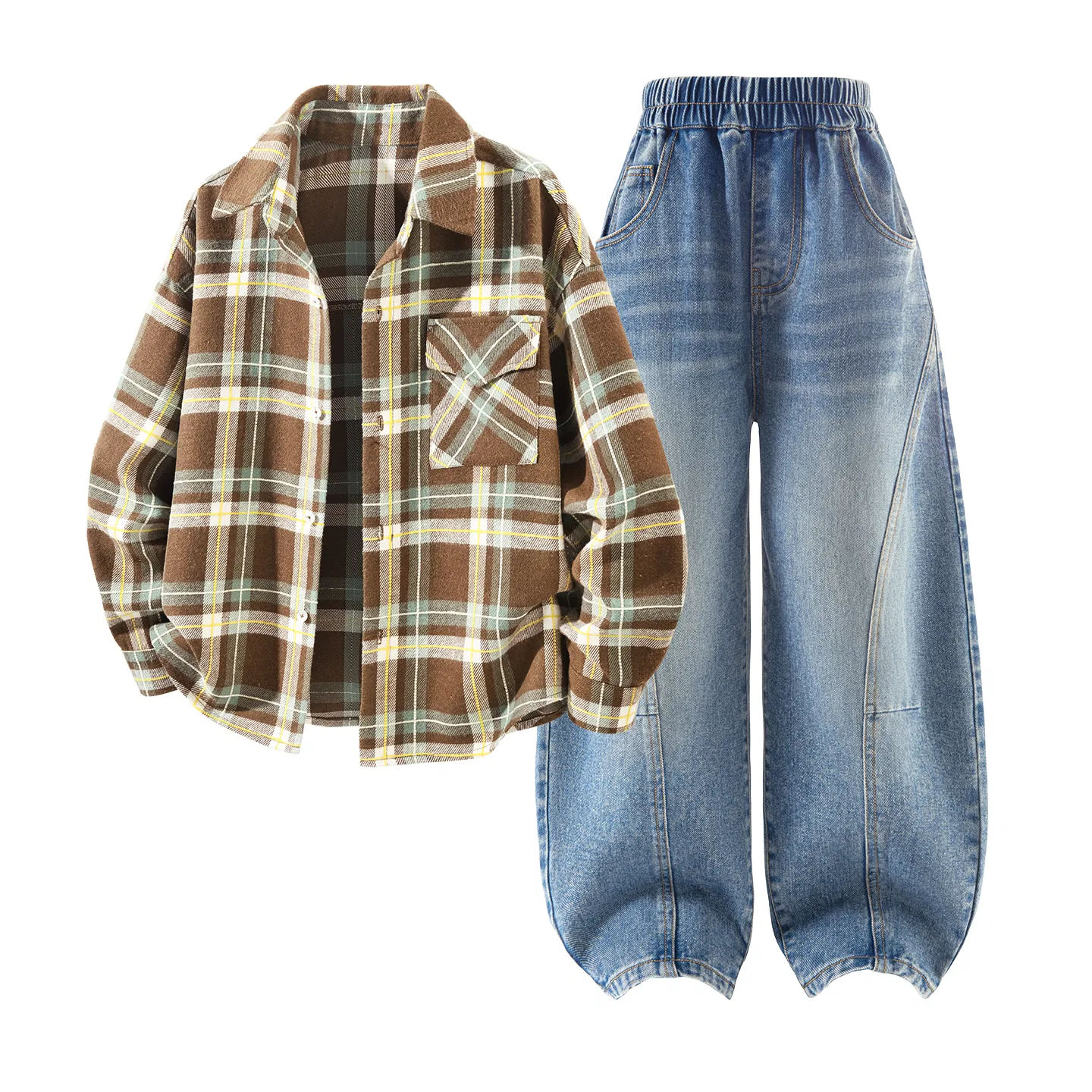 Детский спортивный костюм Casual Sportswear 2 Piece Set Disney, Pure Rum Brown Plaid+Solid Color Denim Light Blue