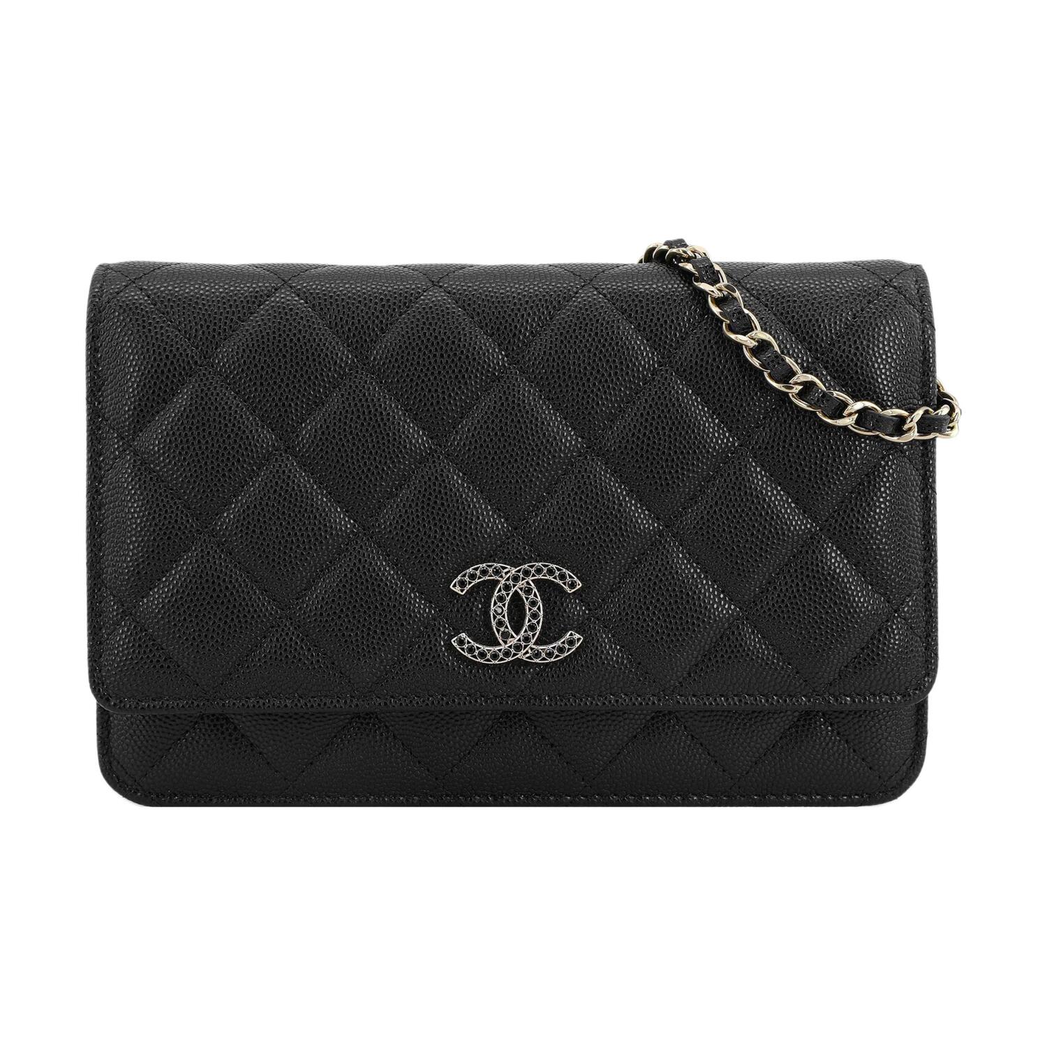 

CHANEL Женская чёрная сумка через плечо из зернёной телячьей кожи с кристаллами Кошелёк