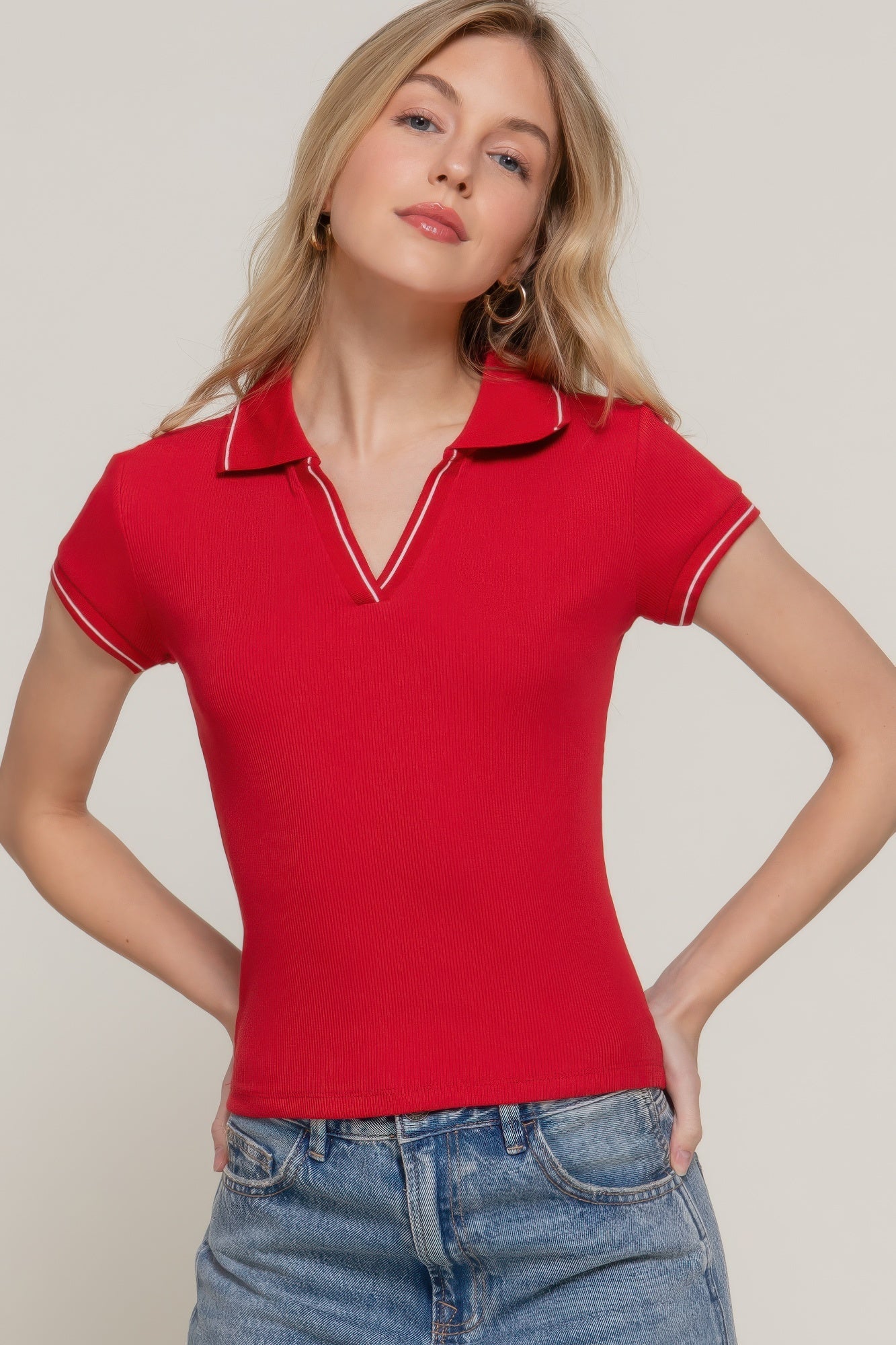 

FASHNZFAB Женский короткий топ-поло с отделкой Slv Line, красный