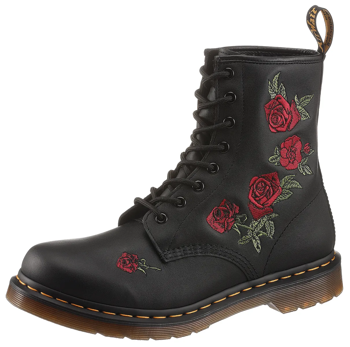Ботинки на шнуровке DR. MARTENS "Vonda", блочный каблук, туфли на шнуровке, ботильоны, цветочная вышивка - узкая форма, красный