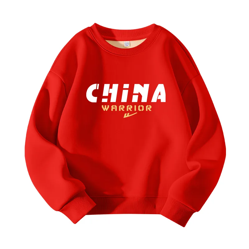 Детский свитшот с круглым вырезом утепленный WARRIOR, Red/White Text Line Peaks