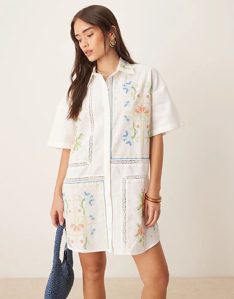 

Мини-платье-рубашка с вышивкой ASOS DESIGN кремового цвета
