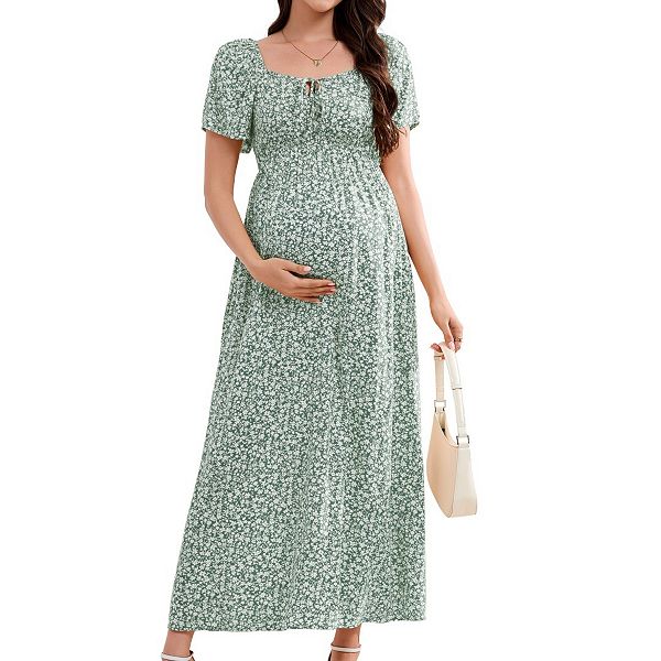 

Платье для беременных с квадратным вырезом, пышными рукавами, летнее платье макси с цветочным принтом, повседневная одежда. Yesfashion, Green