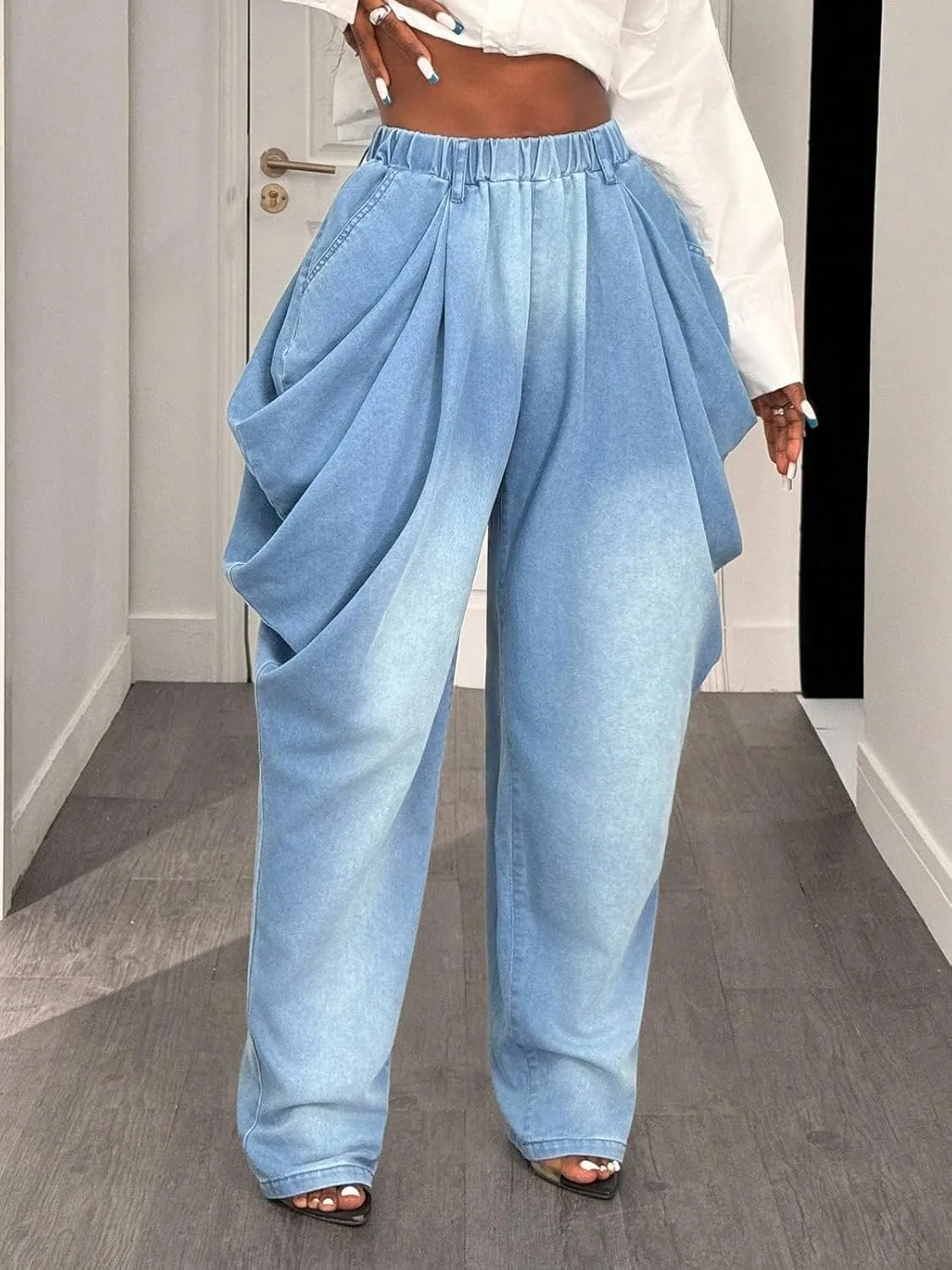 Женские мешковатые харем джинсы High Waisted Loose Fit с плиссировкой — фото 2