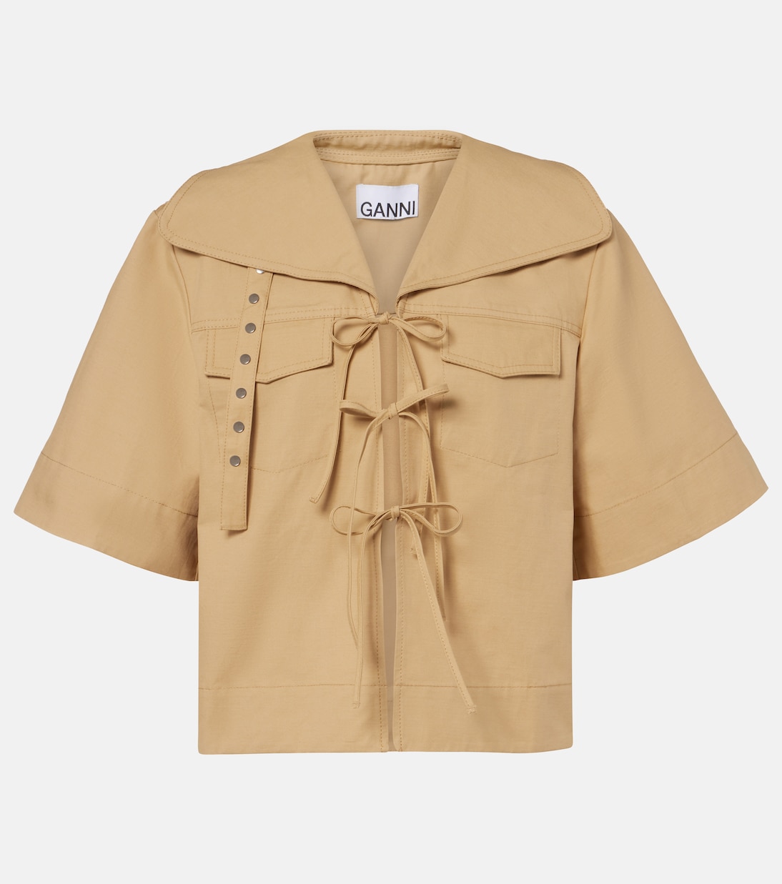 

Топ из хлопка и льна с бантиком Ganni, Pale Khaki
