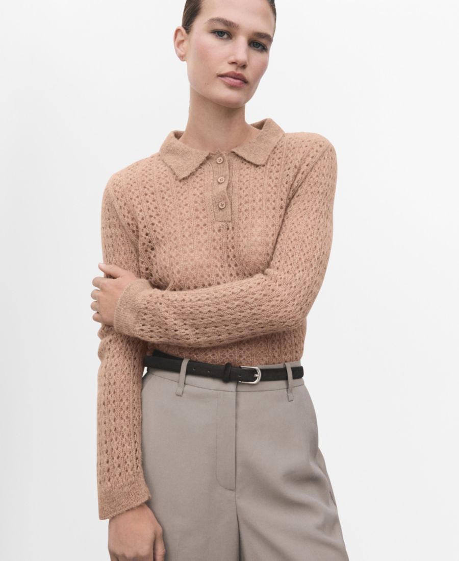 

Женский ажурный вязаный свитер с высоким воротником-поло MANGO, Medium Brown