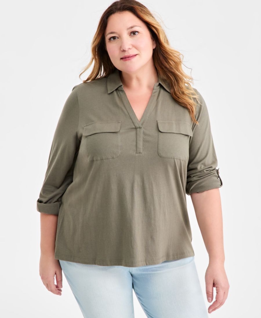 

Вязаный топ большого размера с воротником и V-образным вырезом Style & Co, Olive Drab