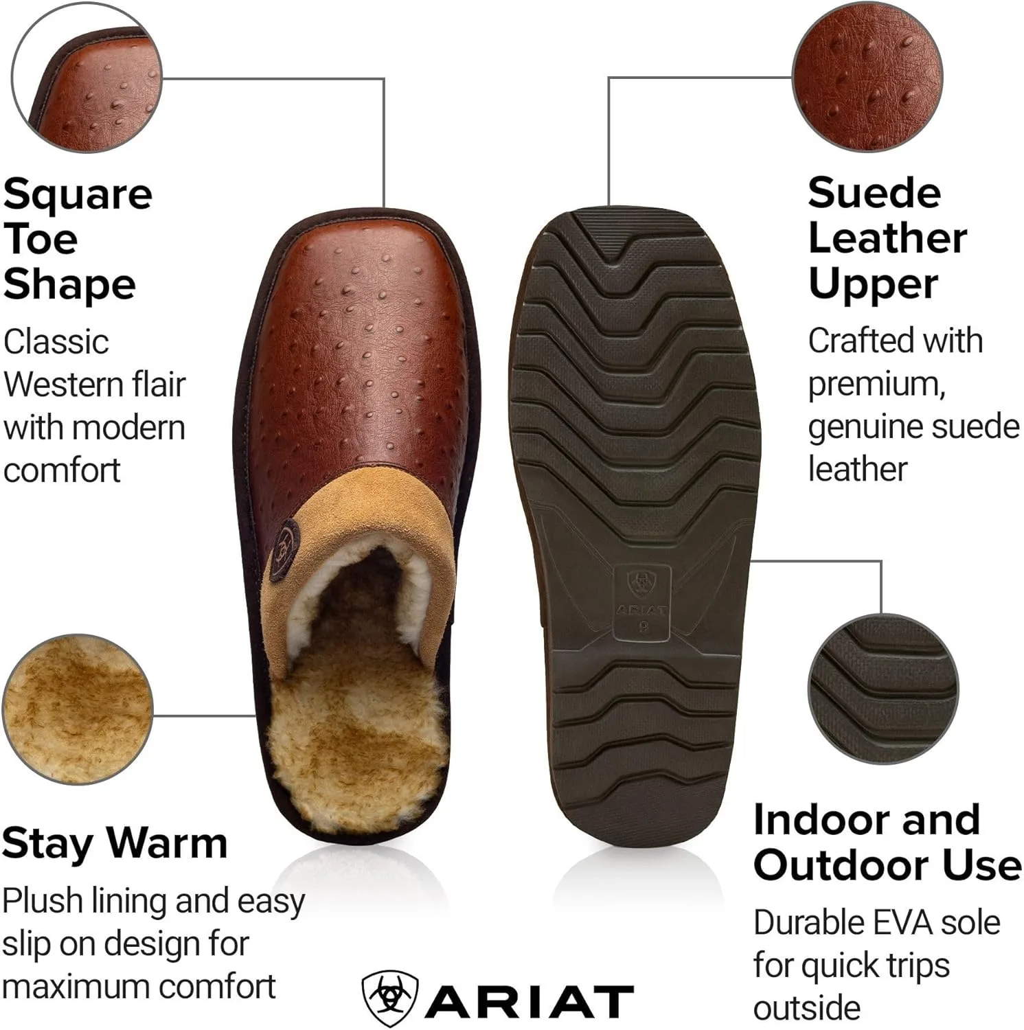 Мужские теплые и удобные домашние/уличные тапочки ARIAT Silversmith из экзотической кожи. Кожаный верх, коньячный — фото 3