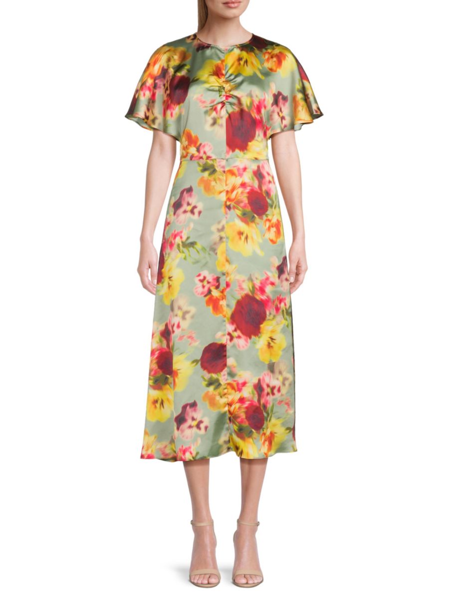 

Платье миди с цветочным принтом и расклешенными рукавами BCBGMAXAZRIA, цвет Green Multi