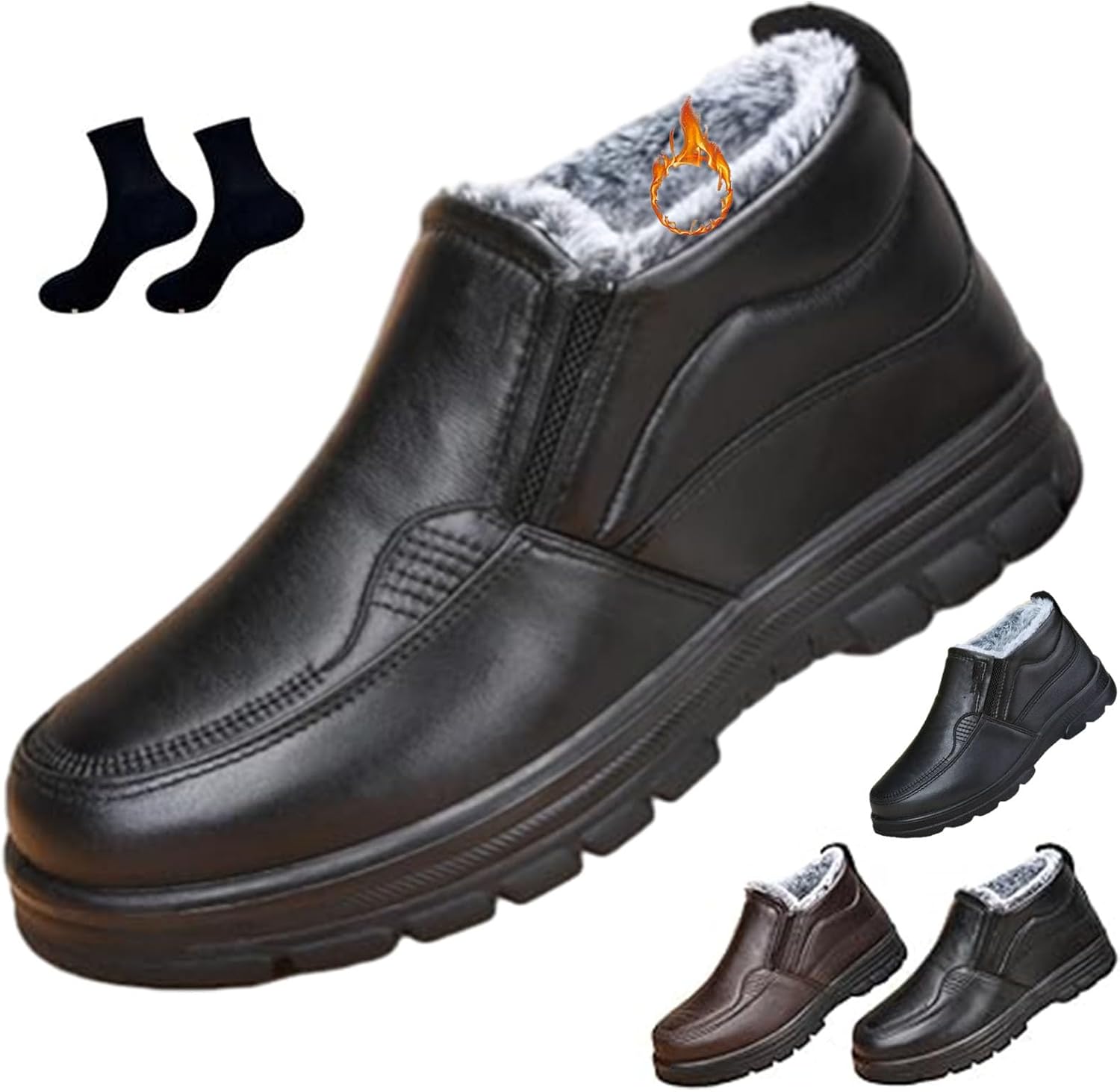 

Мужские теплые лоферы GHTRHSB с меховой подкладкой, уютные кожаные ботинки с мехом, повседневные зимние ботинки-лоферы на ножку, удобные, наружные, противоскользящие, водонепроницаемые зимние ботинки для среднего и пожилого возраста, черный