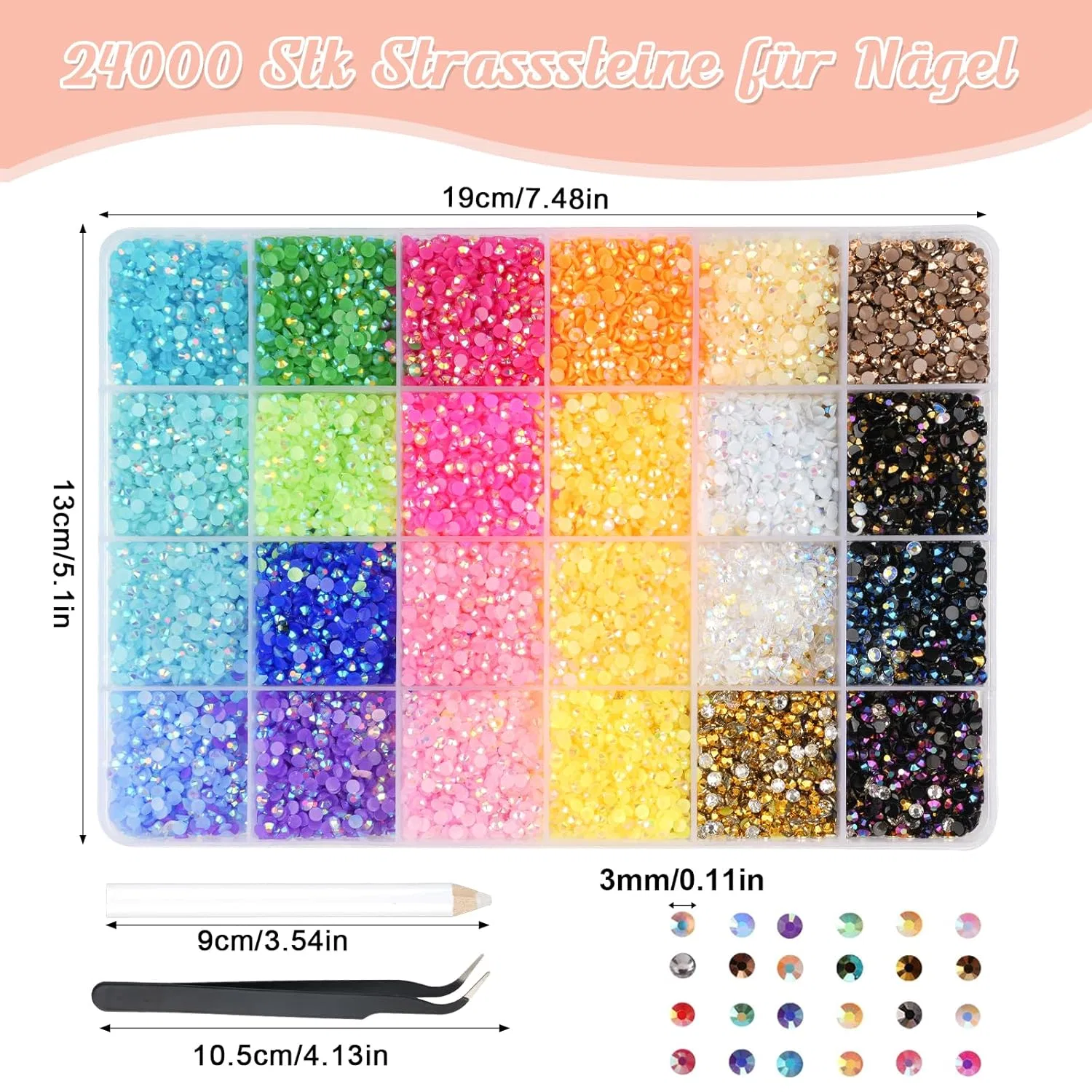 Набор из 24000 стразов для ногтей Hopton, 24 цвета, 3 мм Hopton, Light Toned - Multi-Coloured — фото 2