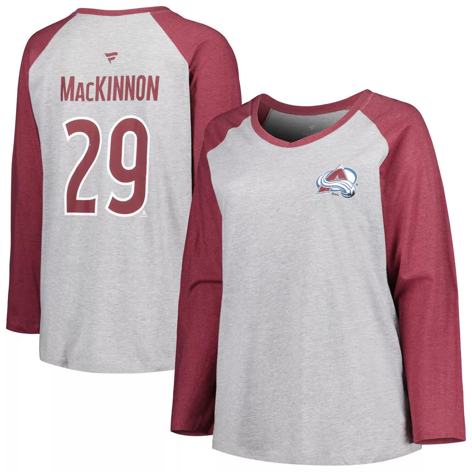 

Женская футболка Fanatics с брендом Nathan MacKinnon Heather Grey/Heather Burgundy Colorado Avalanche размера плюс Имя и номер Футболка реглан с длинными рукавами Fanatics