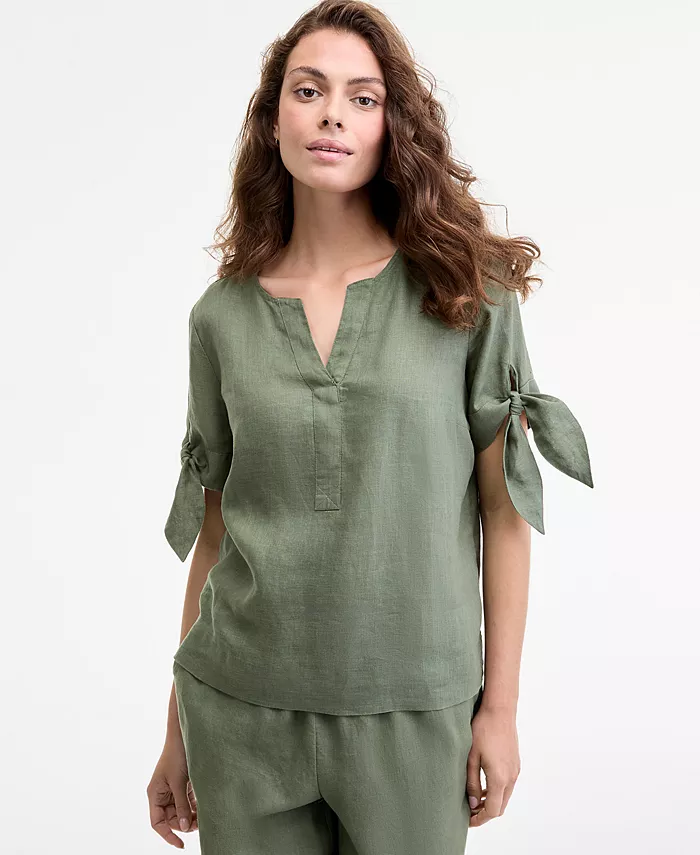 

Женская блуза с разрезом на горловине и манжетами-галстуками из 100% льна, созданная для Macy's Charter Club, зеленый