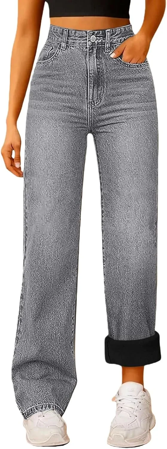

2026 Fleece Lined Jeans Women High Slim Fit Waisted Straight Leg Denim Pants Winter Stretchy Jeans Thermal Warm Denim Pants