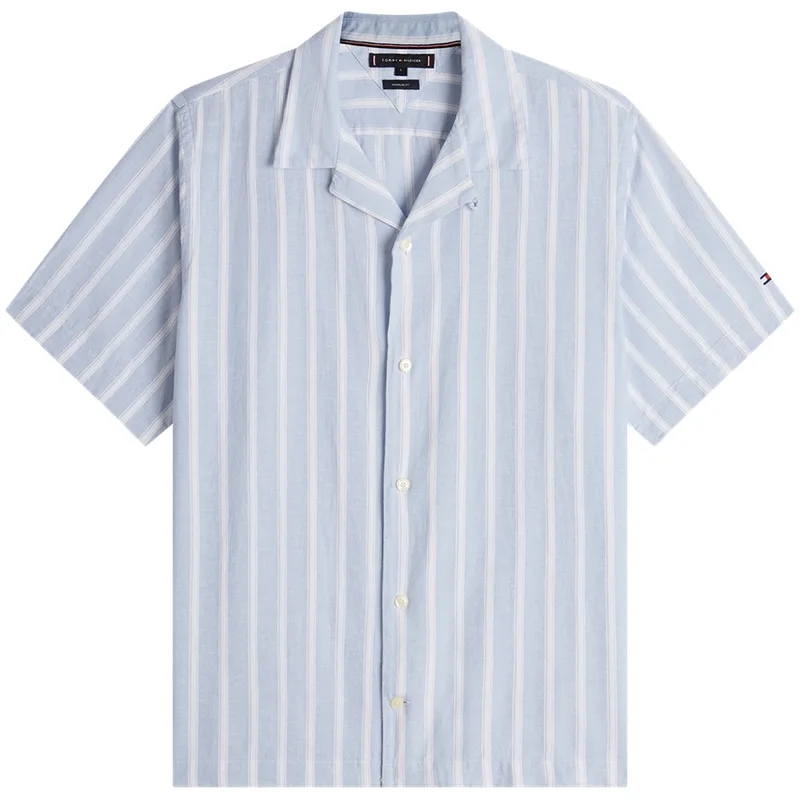 Tommy Hilfiger Рубашка мужская с кубинским воротником, синяя в белую полоску, 0A5