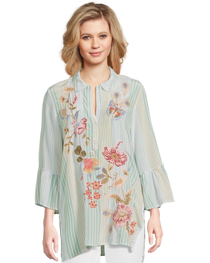 

Женская туника с рукавами-фонариками Johnny Was Ruffle Sleeve Henley - Florrie, Zilly Stripe