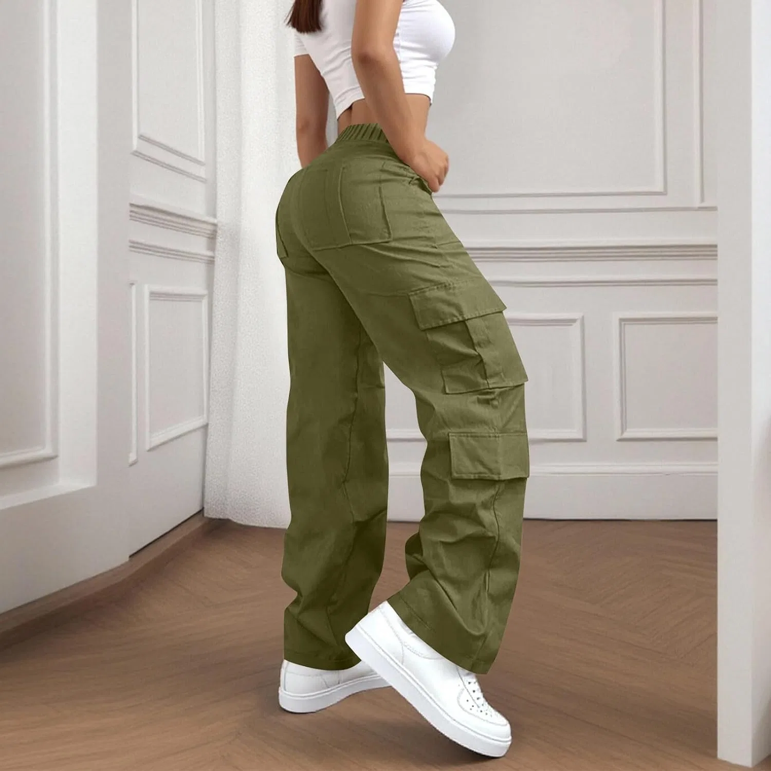 Джинсы карго свободные с высокой талией, Army Green — фото 3