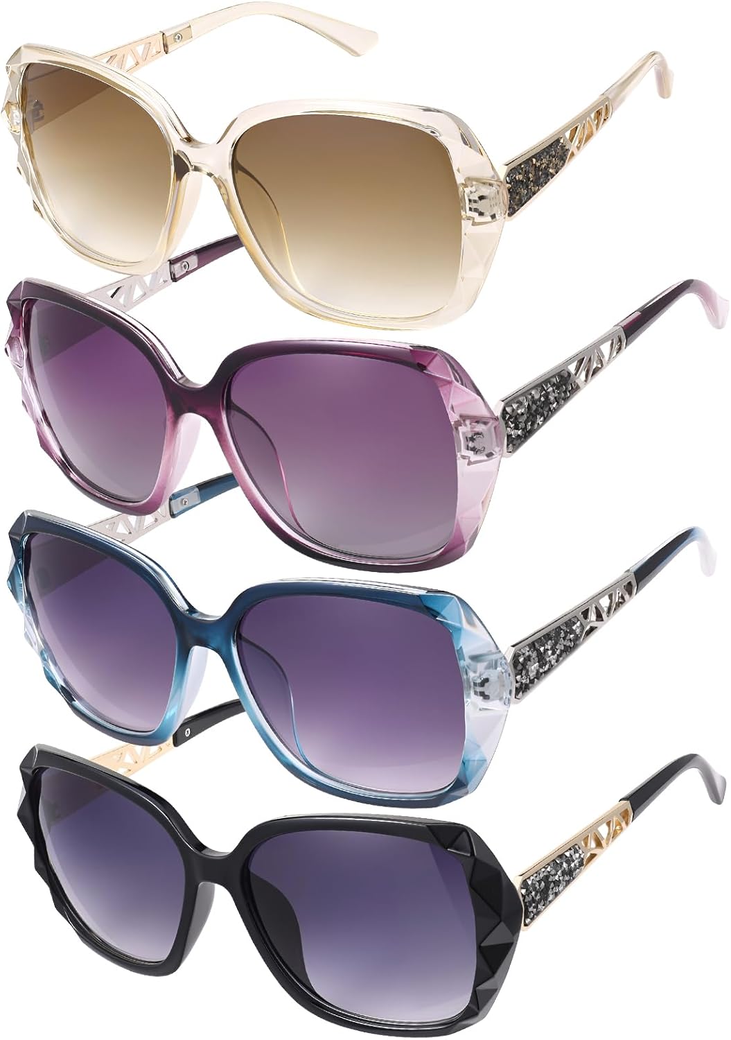 

DragonflyDreams 4 шт. женские большие солнцезащитные очки, защита от УФ-излучения UV 400, классический тренд, блестящая большая оправа, Upgraded Black /Frame Gray/Beige+brown/Purple/Blue+gray