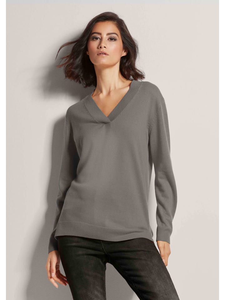 

MADELEINE Гладкий вязаный свитер с V-образным вырезом, цвет графитовый / кремовый / меланж