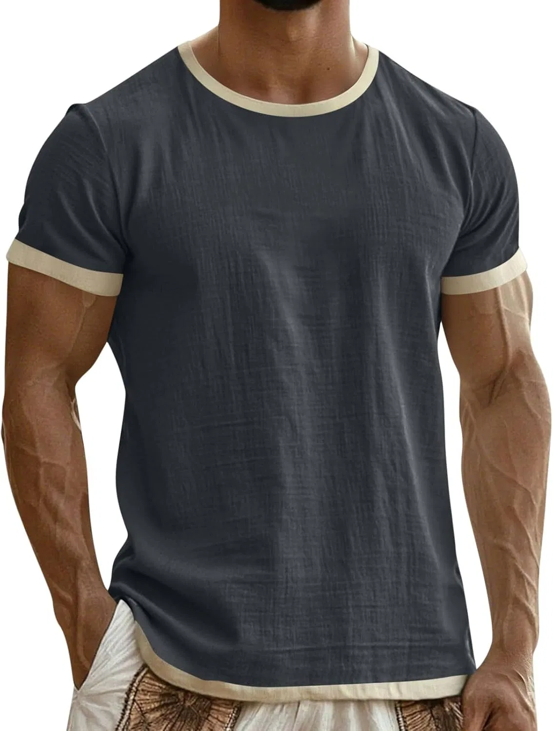 Футболка с контрастной отделкой, Cotton Linen, Dark Gray#01