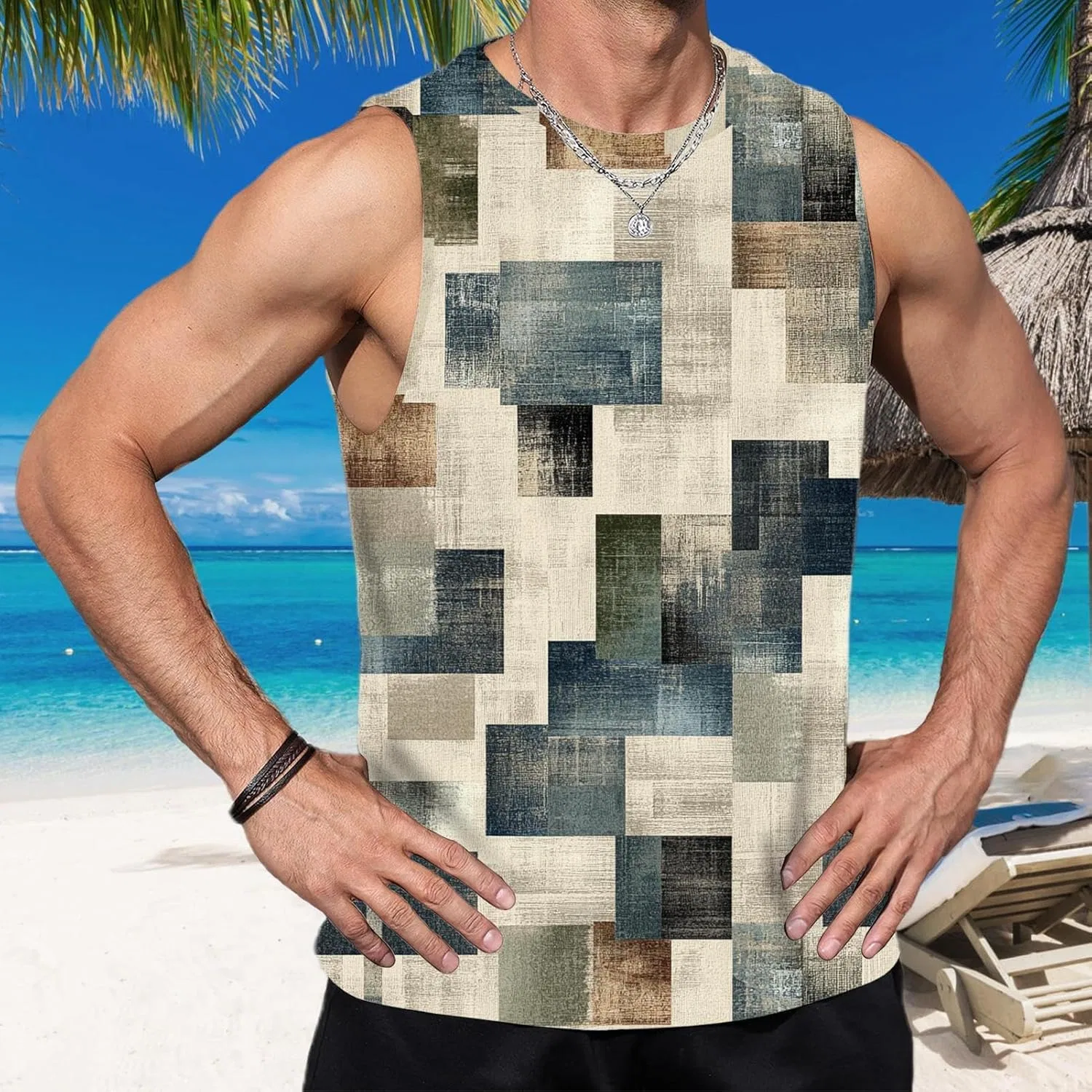 Мужской топ с геометрическим принтом, Polyester + spandex, Hidden Blue — фото 3