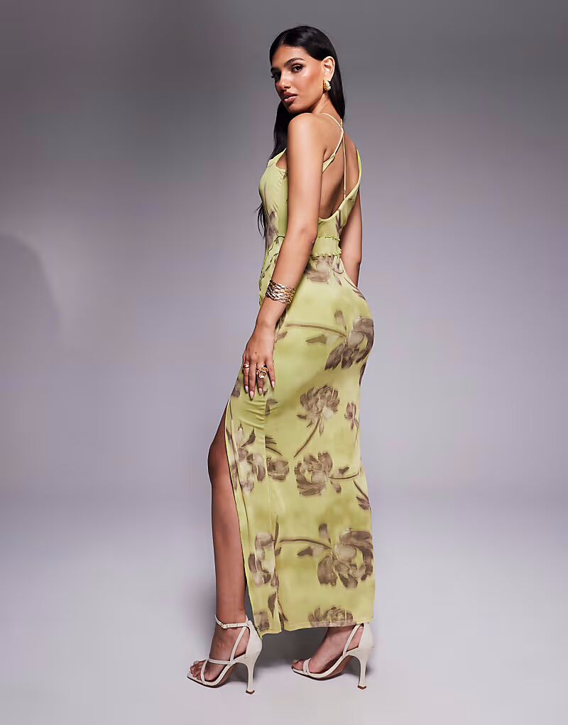 

Платье макси с воротником-хомутиком и открытыми швами в цветочном стиле Asos Design