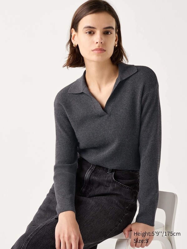 

Стирающийся трикотажный джемпер поло в рубчик Uniqlo, серый