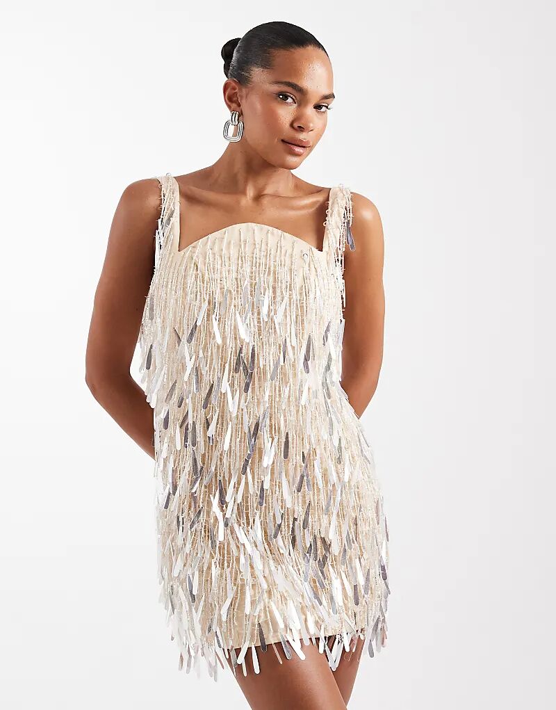 

Мини-платье цвета слоновой кости с закругленным вырезом и отделкой по всей поверхности от ASOS DESIGN