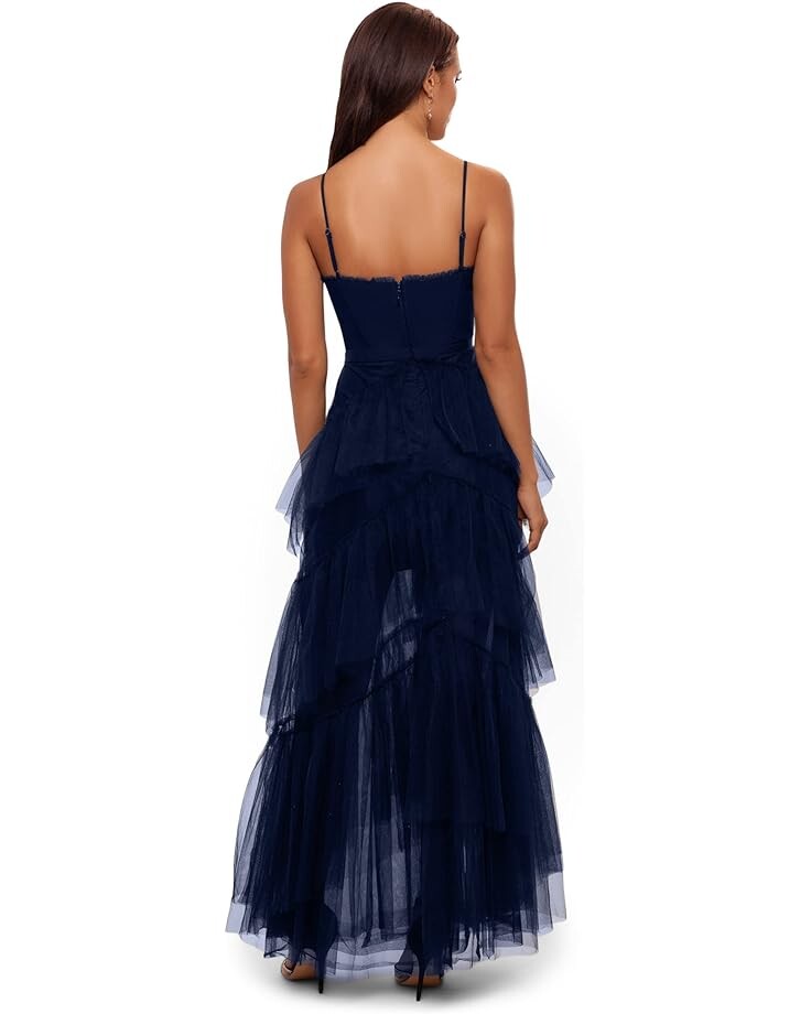 

Платье Betsy & Adam Long Corset Tiered Mesh Illusion Gown, темно-синий
