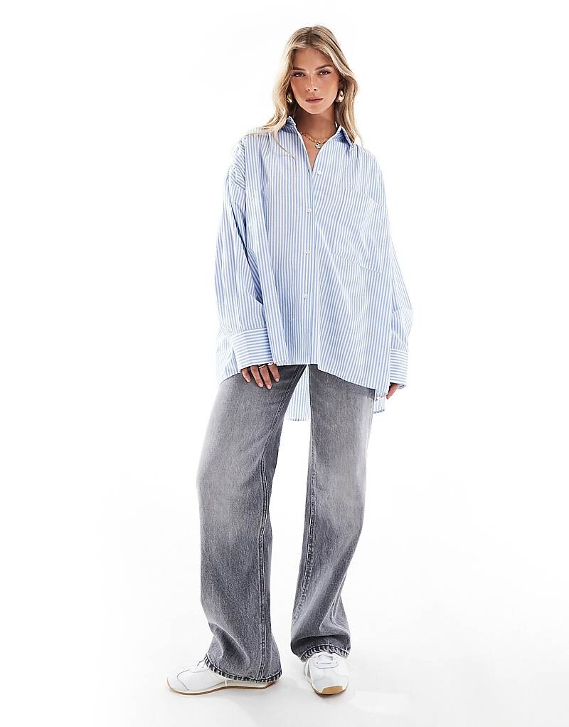 

ASOS DESIGN – синяя рубашка оверсайз в полоску с рюшами