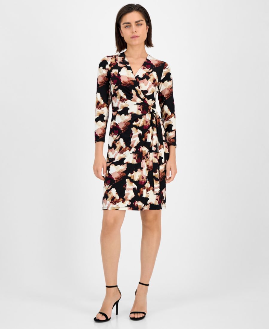 

Платье для невысоких девушек с принтом, имитацией запаха, рукавами 3/4 Anne Klein, Anne Black Multi