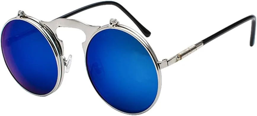

Складные солнцезащитные очки в стиле стимпанк небольшого размера, круглые, с металлическим покрытием, для мужчин, с пружинными дужками generic, Silver Blue Mirror