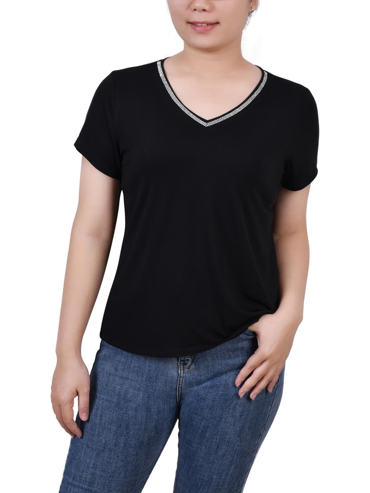 

Женская однотонная блузка Petites с отделкой стразами NY Collection, черный