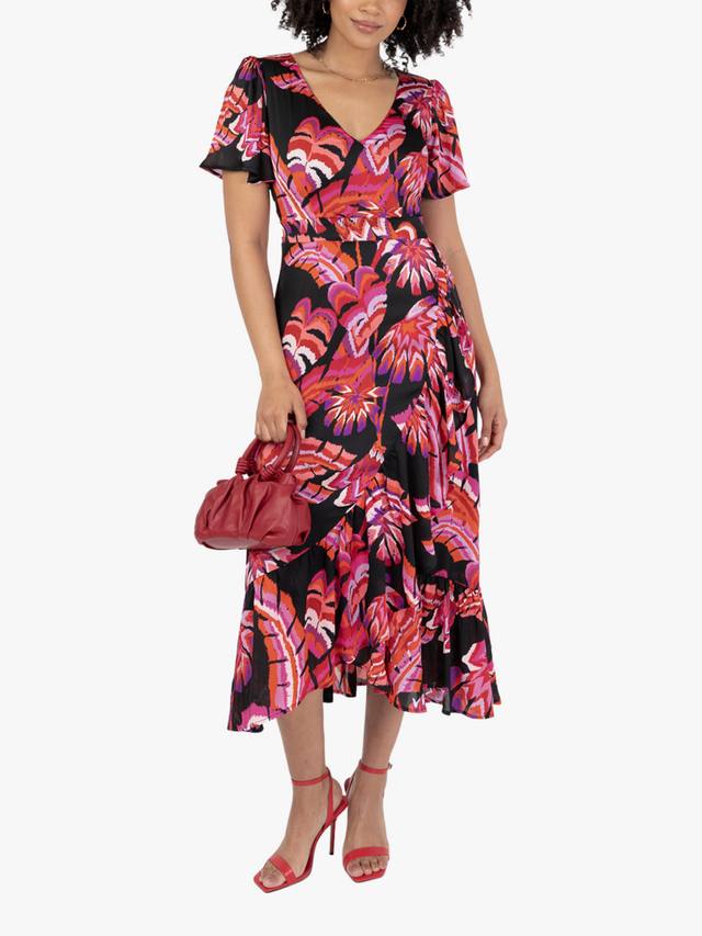 

Тропическое платье миди с цветочным принтом и воланами-каскадами Lovedrobe, Black/Multi