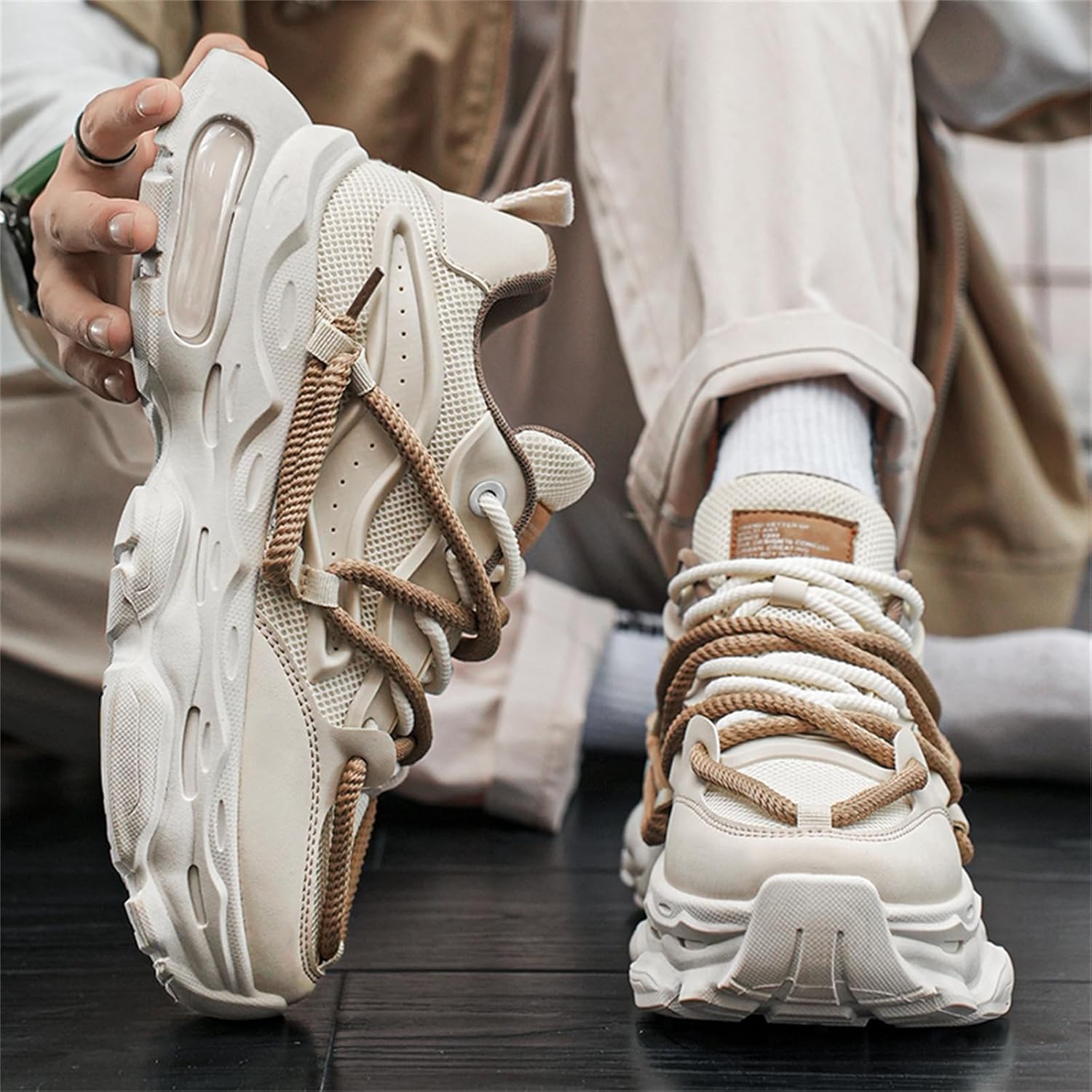 Мужские кроссовки TengfeiFly Platform Dad Sneaker из сетчатой и кожаной поверхности, на шнуровке, повседневные, с массивным каблуком, круглым носком, с воздушной подушкой, легкие, мягкие и дышащие, для прогулок, бега и улицы, бежевый — фото 3