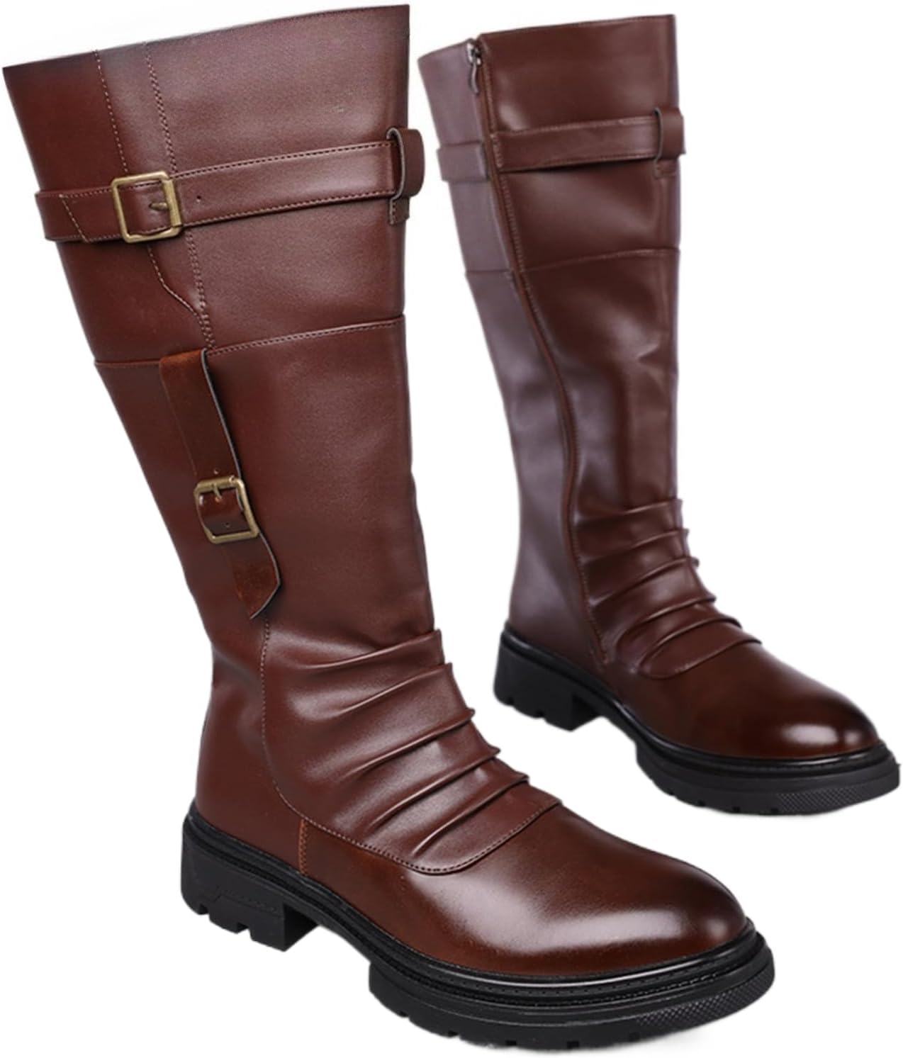 

Мужские кожаные высокие ботинки на молнии сбоку с платформой, массивной пряжкой, удобные и теплые, для повседневной носки, вечеринок, прогулок на открытом воздухе, охоты и верховой езды Qklmwes, коричневый