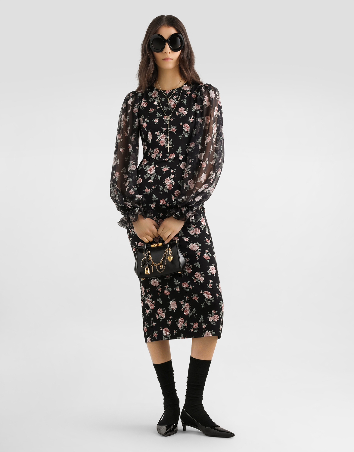 Винтажное платье из шармеза с принтом роз Dolce & Gabbana, мультиколор — фото 2