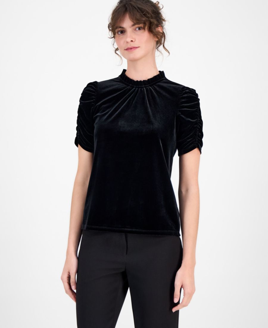 

Женская велюровая блузка с короткими рукавами и оборками на воротнике Anne Klein, Anne Black